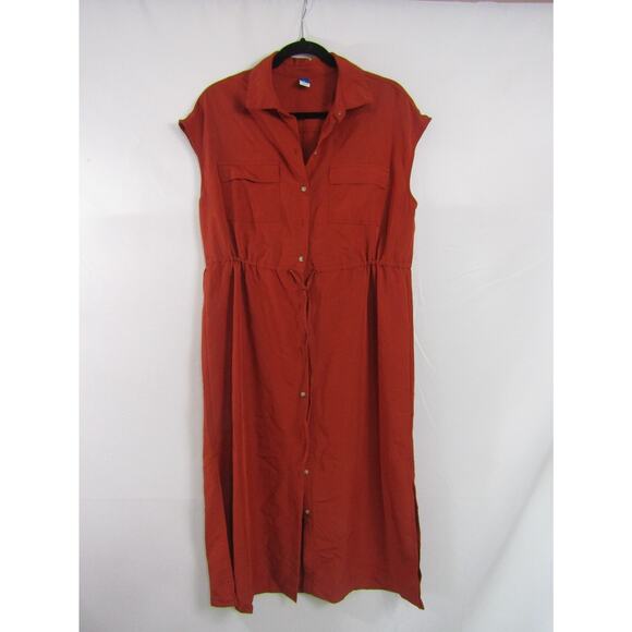 Old Navy Orange Rayon Shirt Mini Dress sz M Dawstring Waist Pockets Boho Cottage - Picture 1 of 6